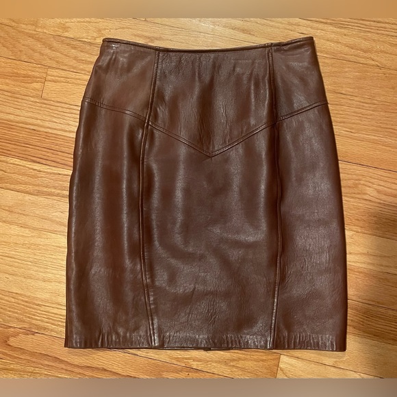 Vintage Chocolate Brown Leather Mini Skirt By Renaissance - Picture 1 of 12